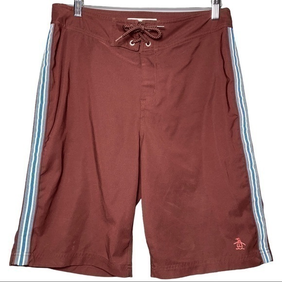 Original Penguin Men’s Size 30 Maroon Burgundy Blue Striped Swim Board Shorts - Picture 1 of 5